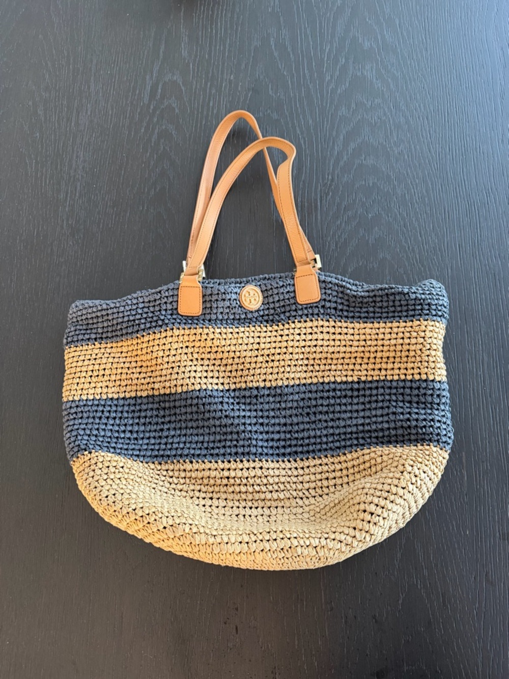 Tory Burch Navy and Natural Striped Woven Tote with Tan Handles